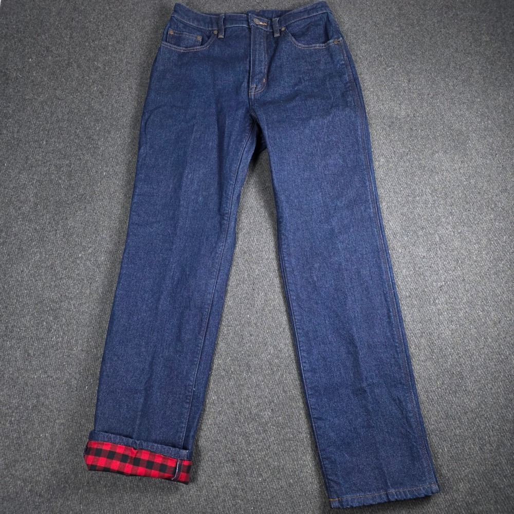 Duluth Trading Co Jeans Womens 6 Blue Flannel Buffalo Plaid Lined Straight Denim